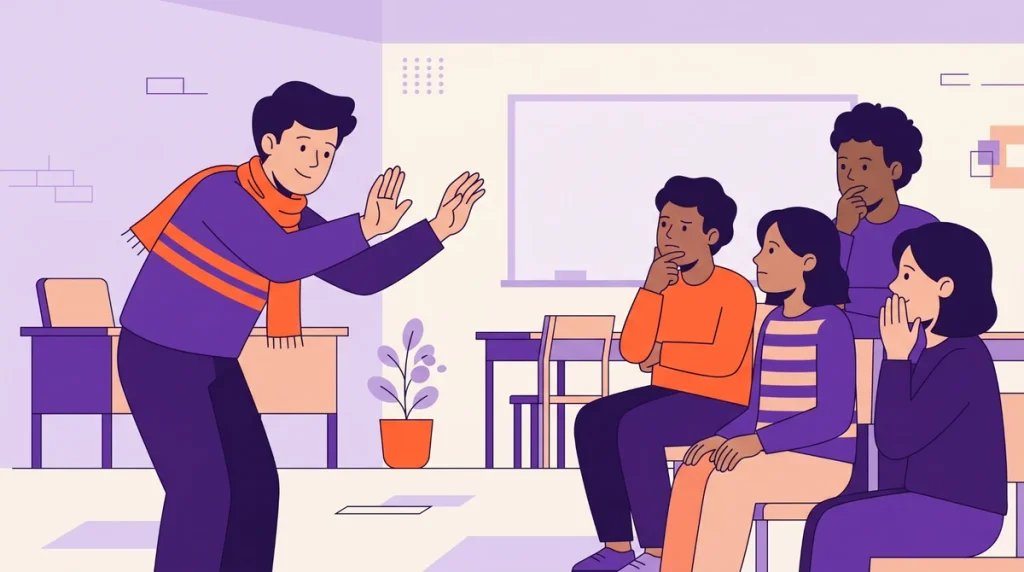 Student acting out a clue while classmates guess during a classroom Halloween game