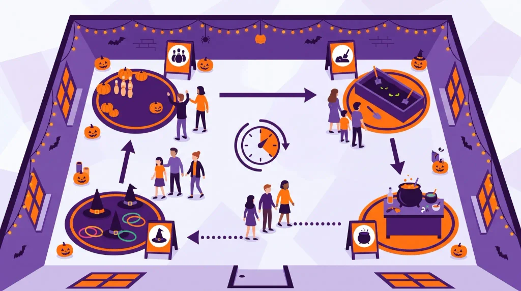 Halloween game station party with multiple activity stations, rotating teams and a central timer