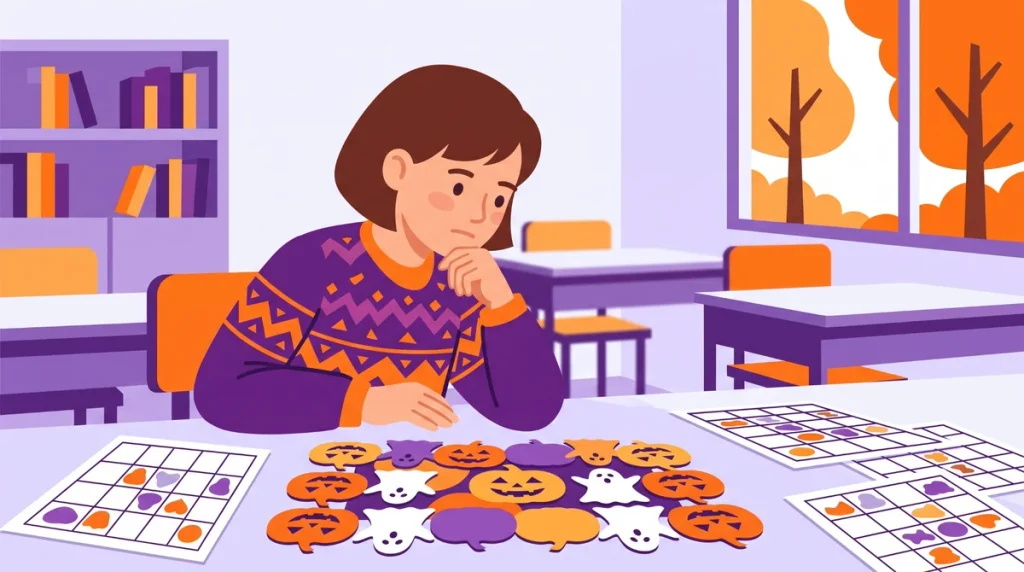 Student solving Halloween memory and matching activities with themed game pieces