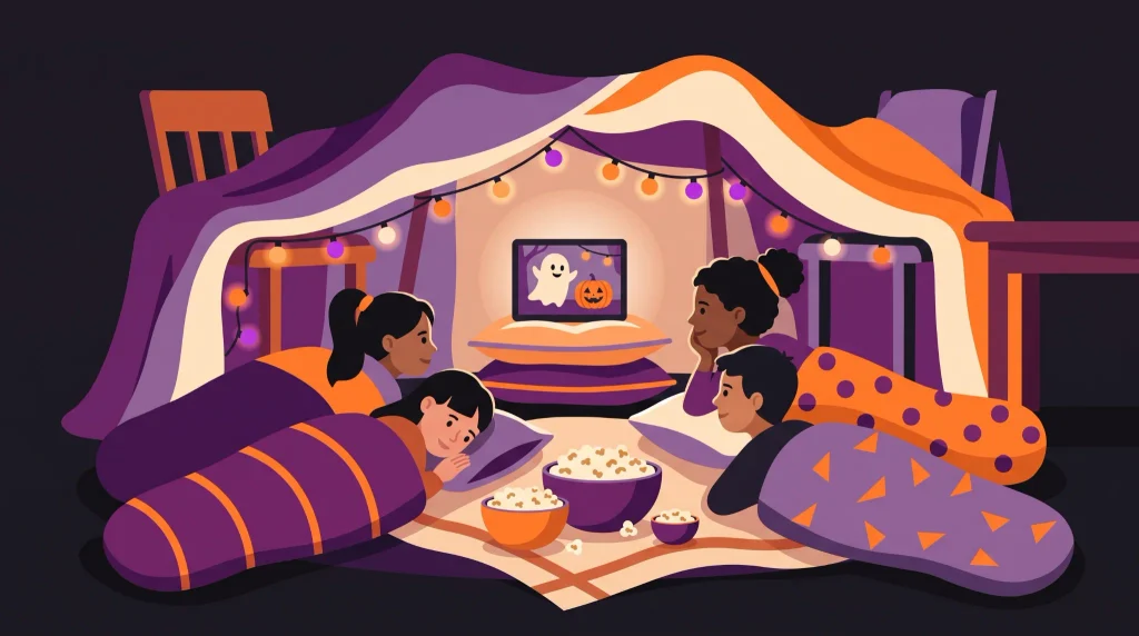 Kids watching a Halloween movie with popcorn inside a blanket fort