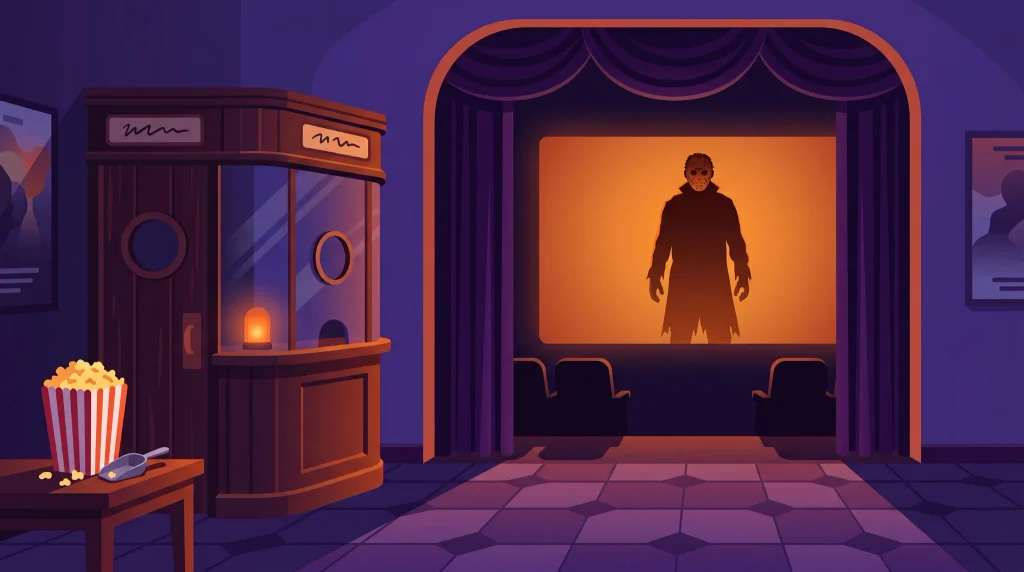 Halloween movie trivia scene with horror film playing in a dark theater and popcorn nearby