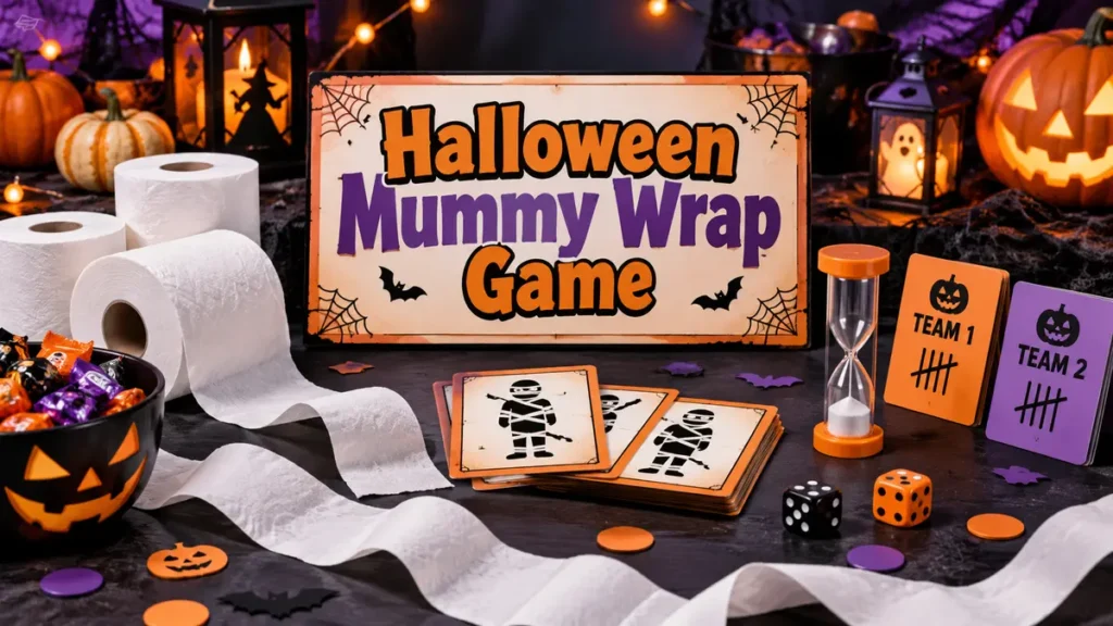 Halloween Mummy Wrap Game: Rules, Setup & Variations Halloween Mummy Wrap Game setup with toilet paper rolls, mummy cards, timer, dice and team score cards