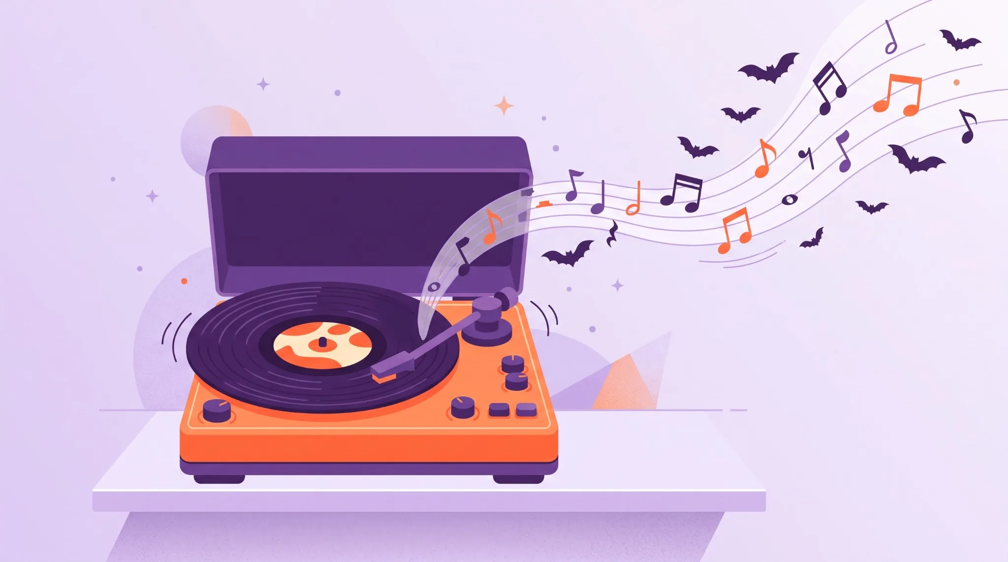Record player with musical notes and bats for a Halloween music trivia round