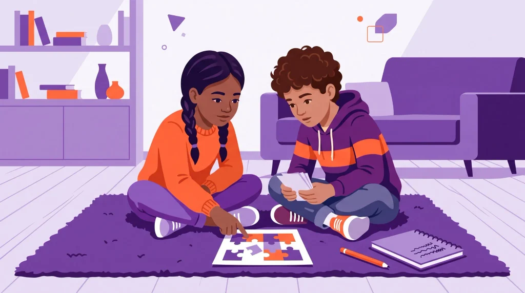 Two kids solving cards and a puzzle together during a Halloween team challenge