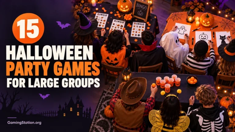 Groups in Halloween costumes playing bingo, drawing games, and ball toss at decorated tables.