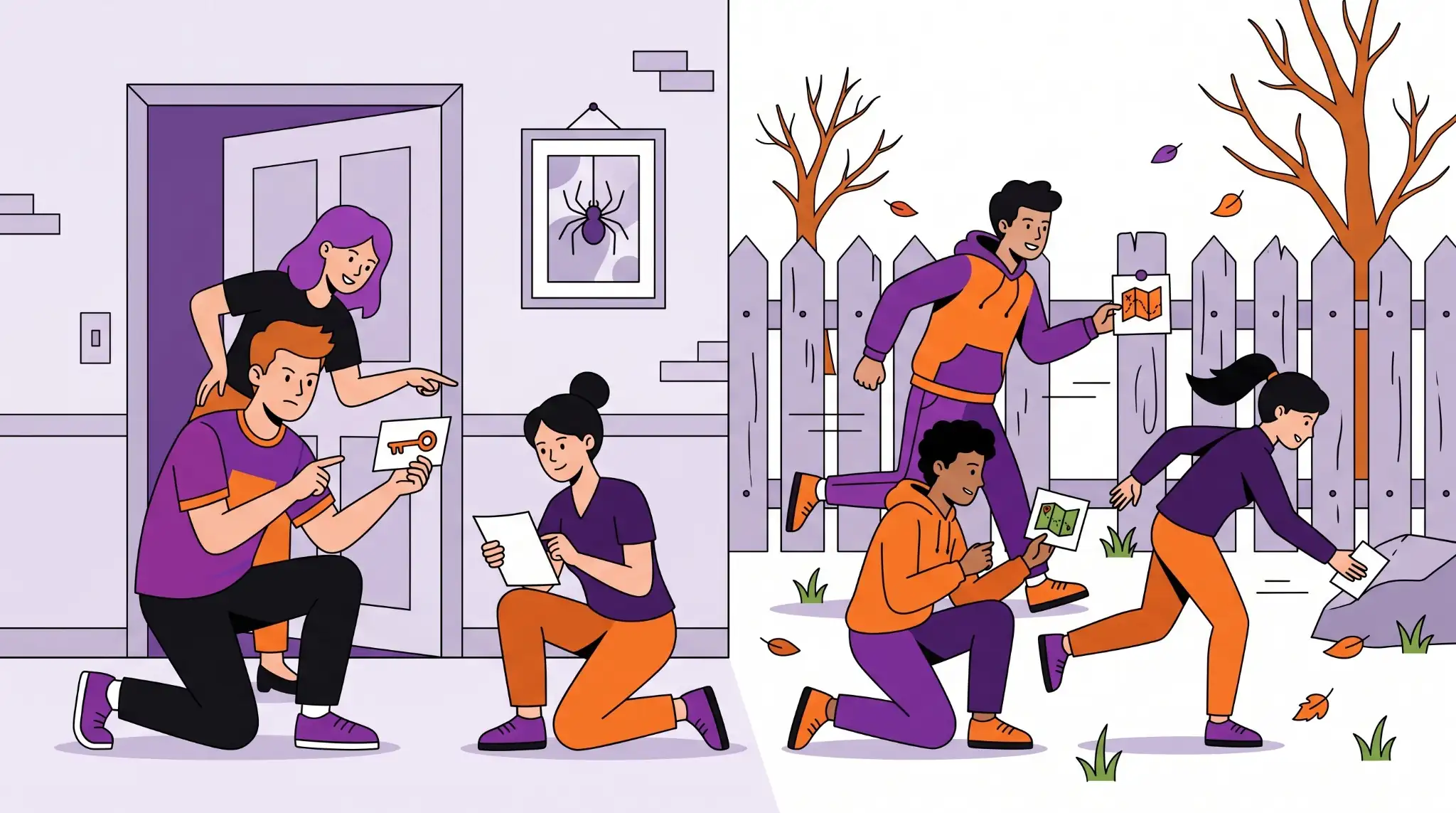 Indoor and outdoor Halloween scavenger hunt teams following clue cards and maps