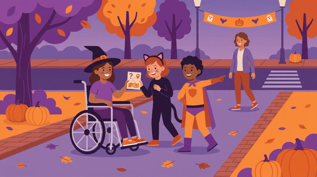 Inclusive Halloween scavenger hunt with children following a map, including a wheelchair user