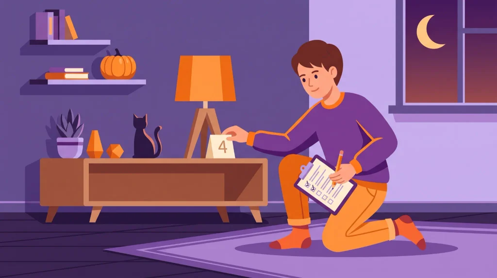 Person preparing a Halloween scavenger hunt with a numbered clue card and checklist