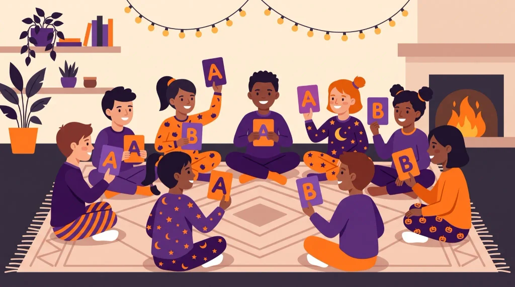 Kids at a Halloween sleepover holding A and B answer cards during an icebreaker game