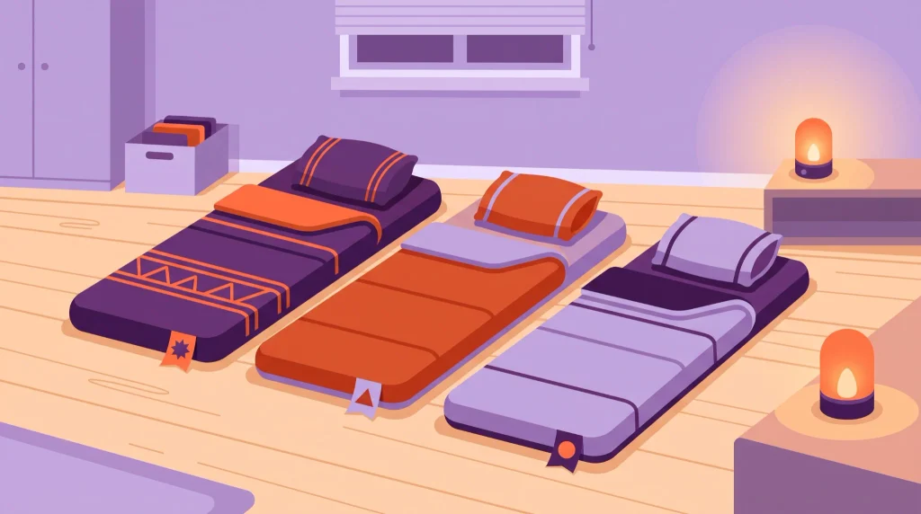 Three labeled sleeping spaces with blankets, pillows and battery-powered night-lights