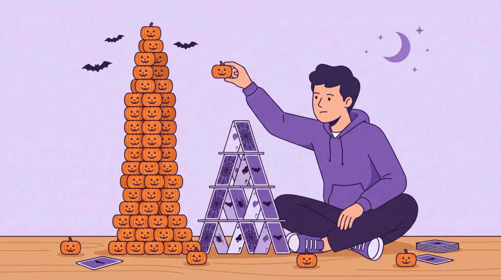 Halloween stacking and building games with a pumpkin tower and card structure