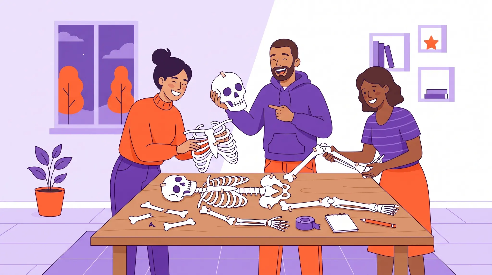 Team assembling a paper skeleton during a Halloween group challenge
