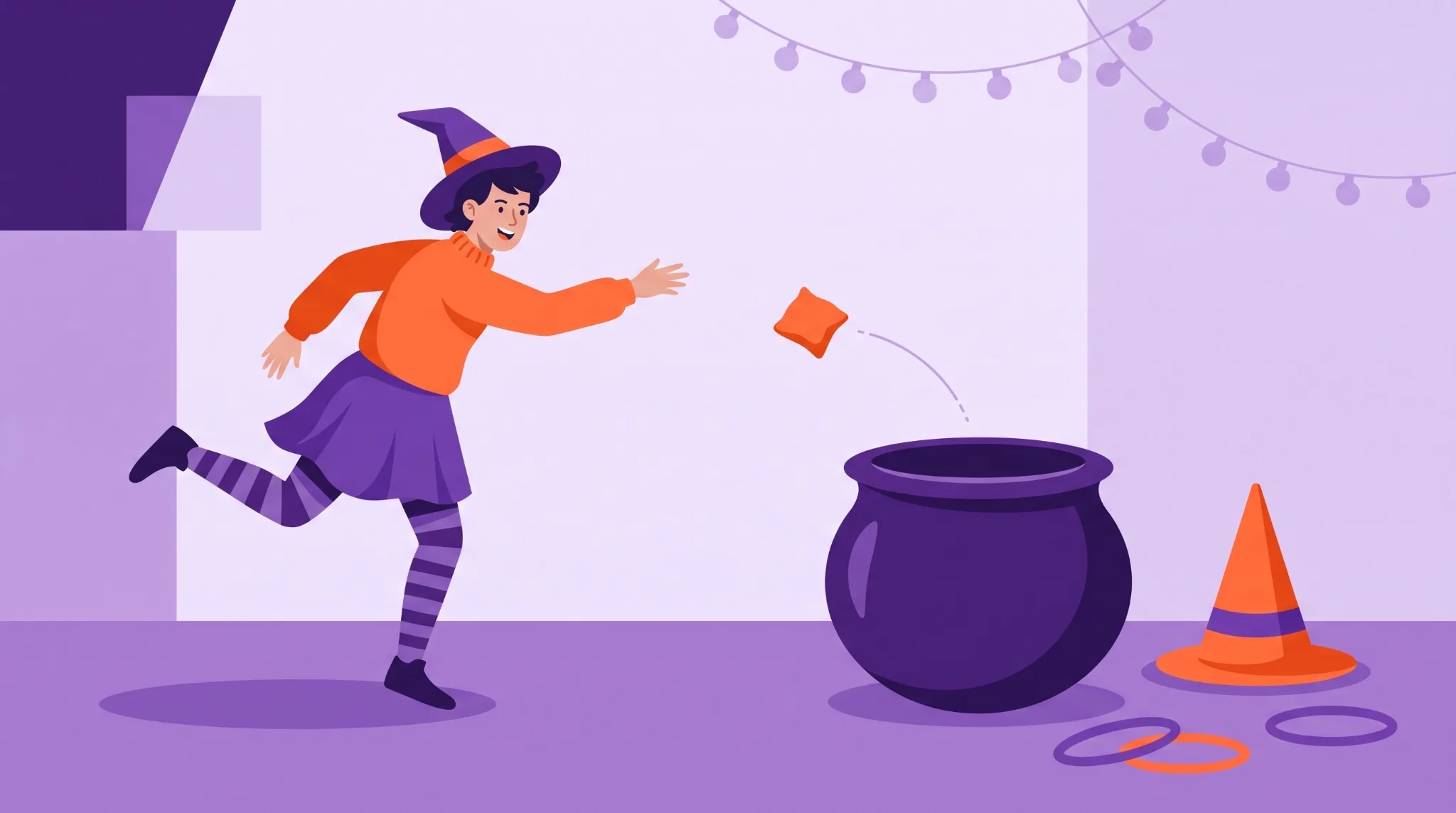 Player tossing a soft game piece toward a cauldron during a Halloween target game