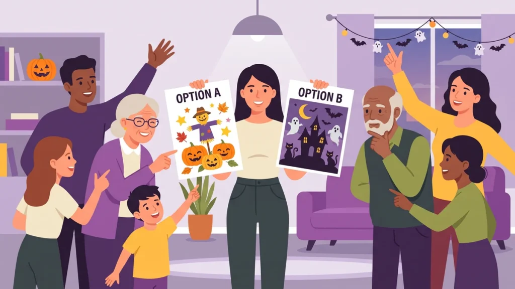 Family playing Halloween Would You Rather at a costume party