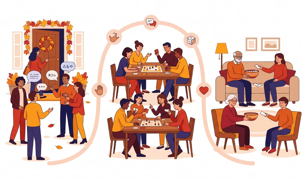 Family members of different ages enjoying board games, cards, and group activities