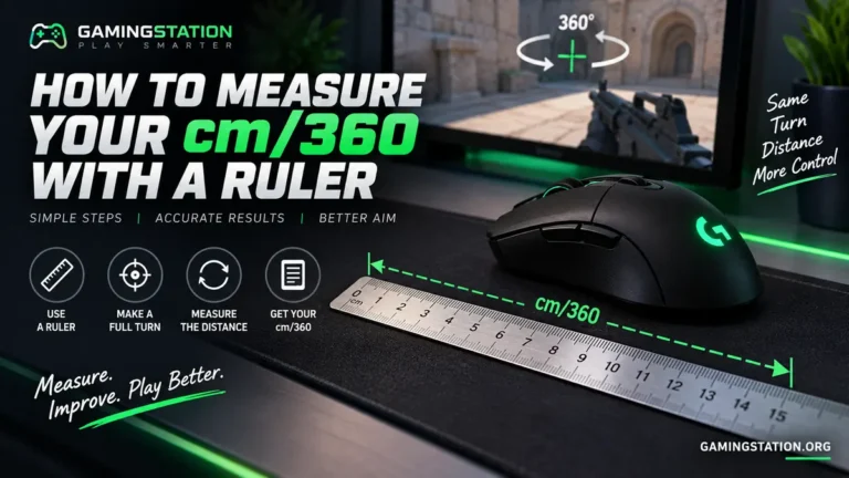 How to Measure Your cm/360 With a Ruler Gaming mouse beside a ruler illustrating cm/360 measurement for a full 360-degree turn in a game.
