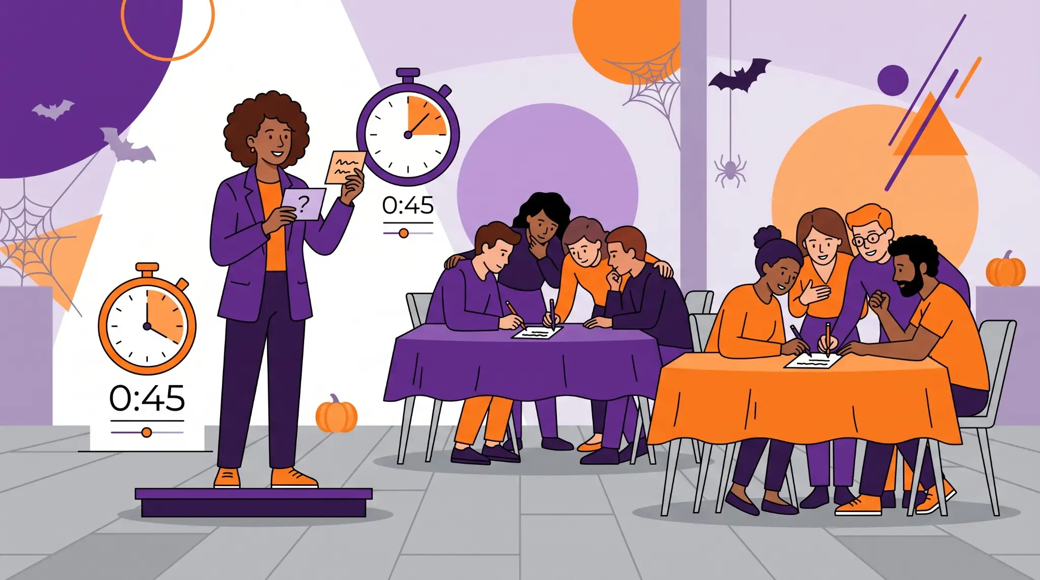 Host explaining a Halloween trivia game to teams with question cards and a timer