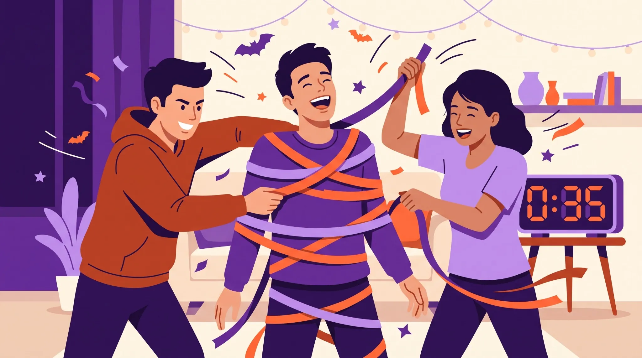 Players wrapping a teammate during a timed Halloween mummy wrap game