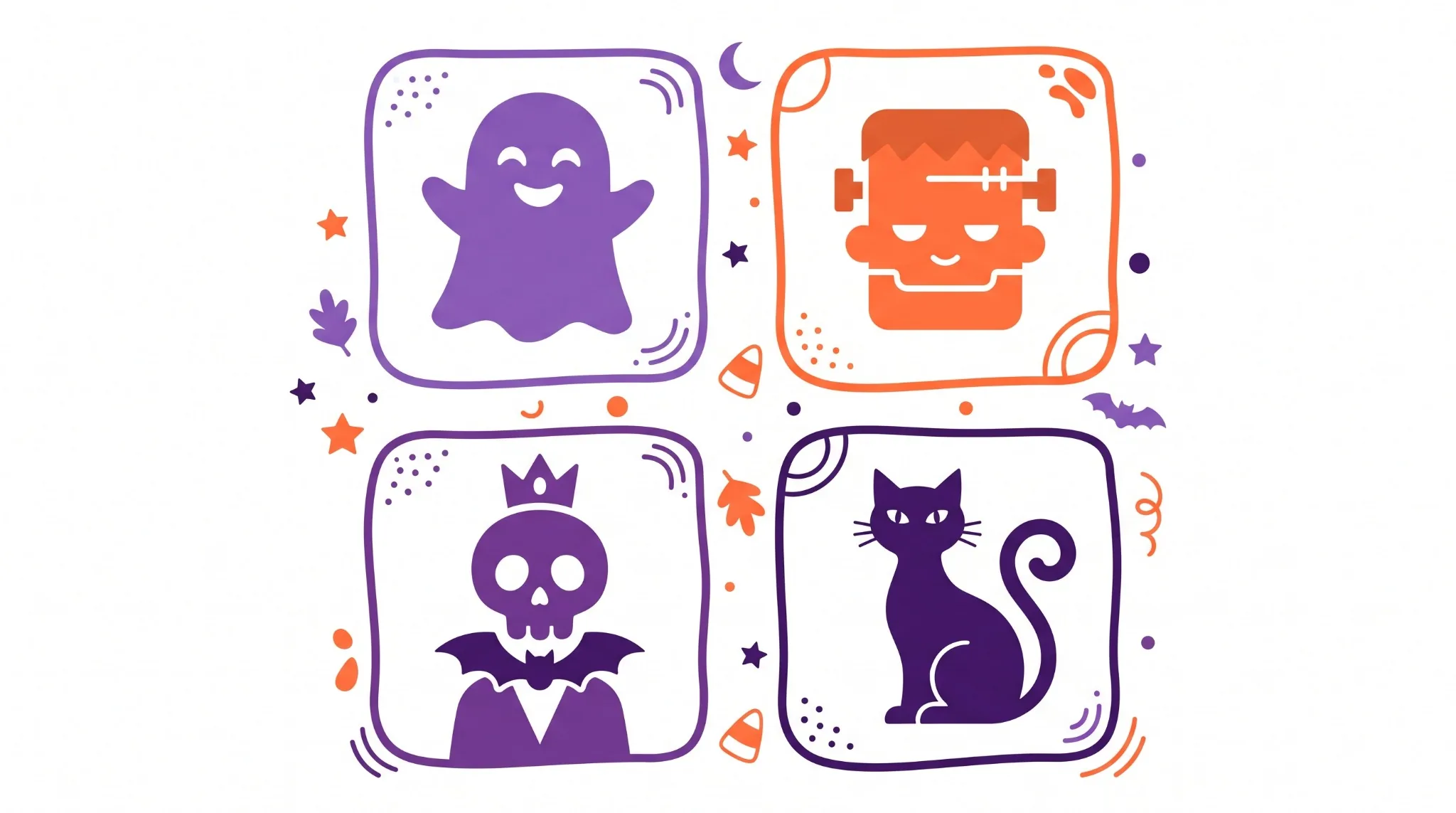 Family-friendly Halloween characters including a ghost, monster, spooky skeleton and black cat
