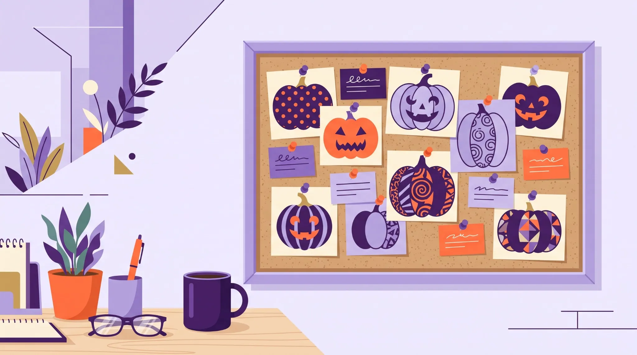 Paper pumpkin designs displayed on an office board for a low-pressure Halloween activity