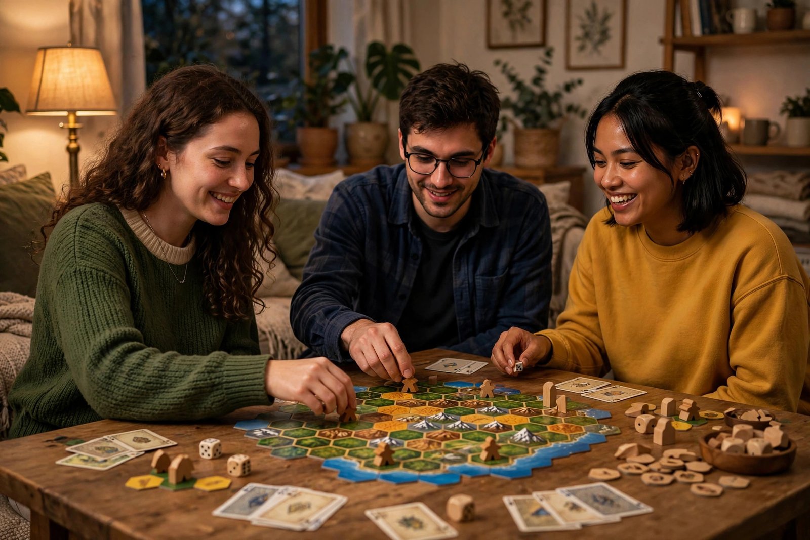 Three friends playing a hex-tile board game at a wooden table in a cozy living room