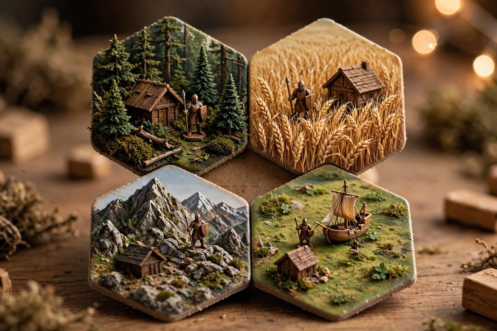 Close-up of colorful hex-tile board game pieces with wooden settlements and ships