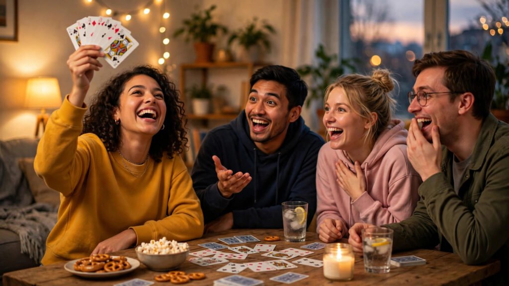 Friends laughing while playing a party card game at game night