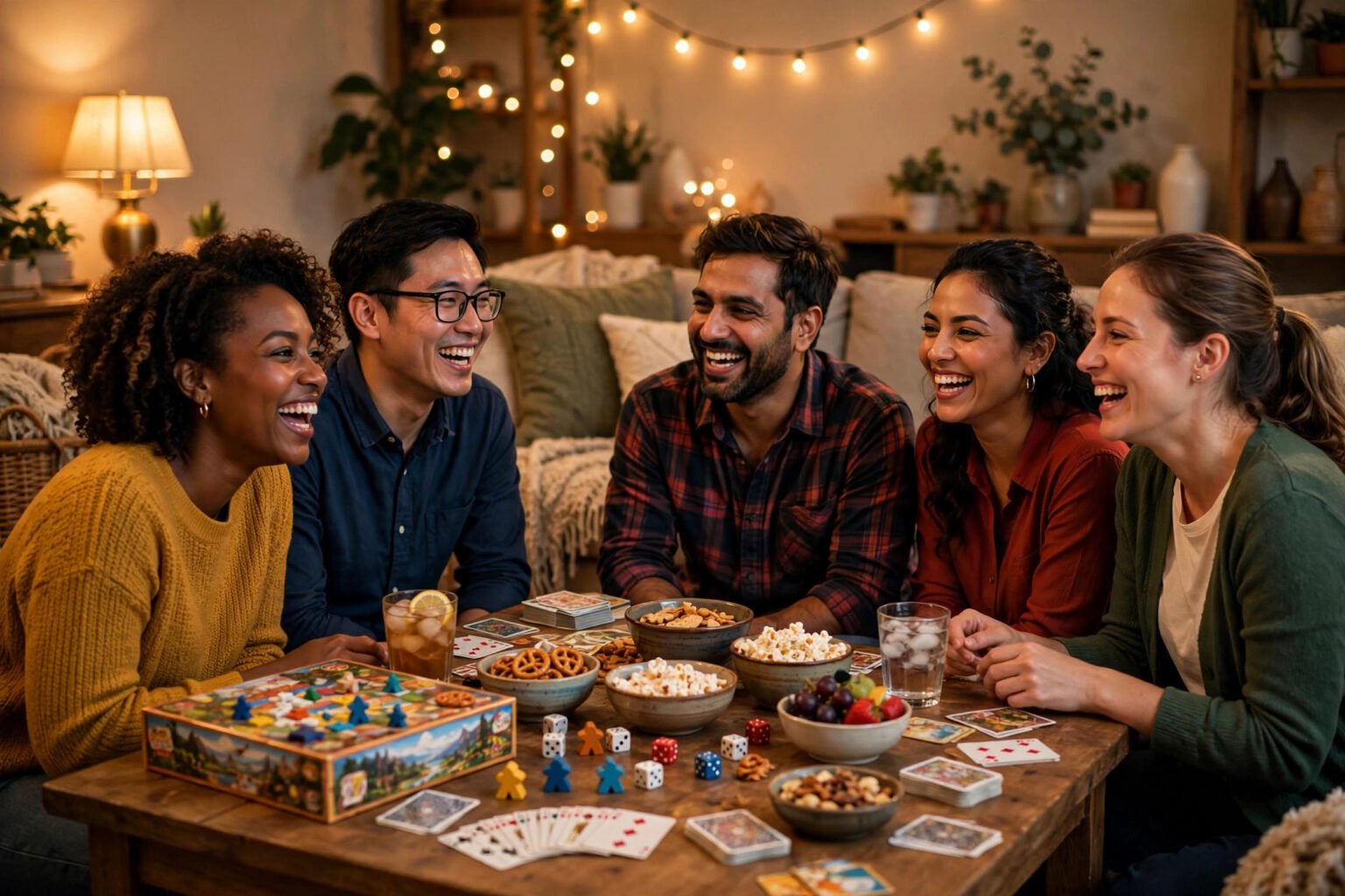 How to Host a Game Night (That People Actually Want to Come Back To) Friends hosting a game night around a table with board games and snacks