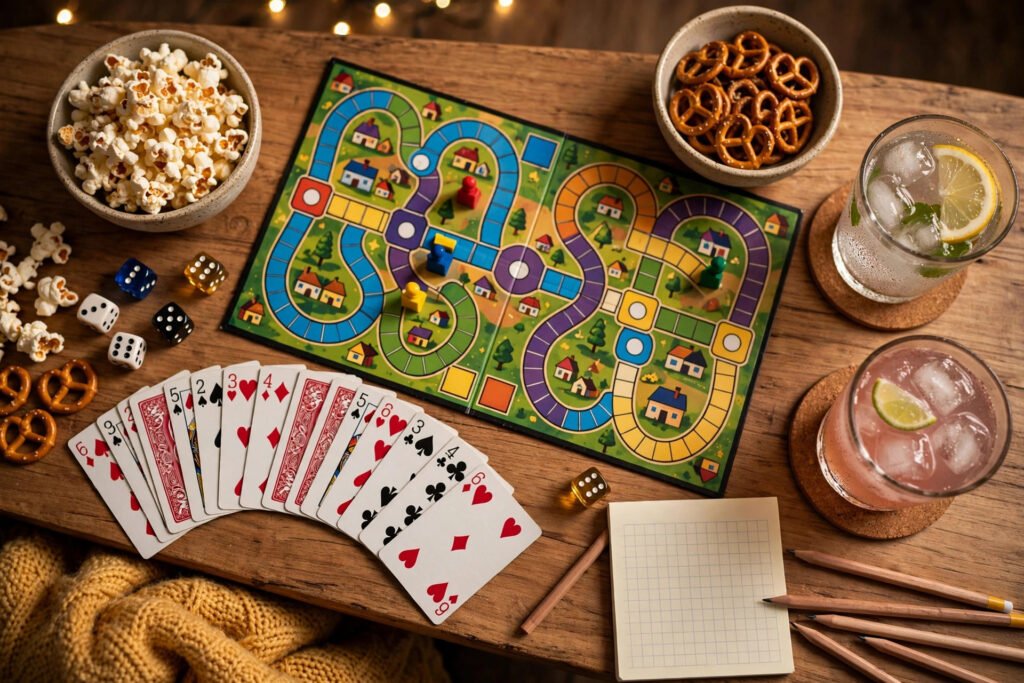 Overhead view of a game night table with board games, cards, dice and snacks