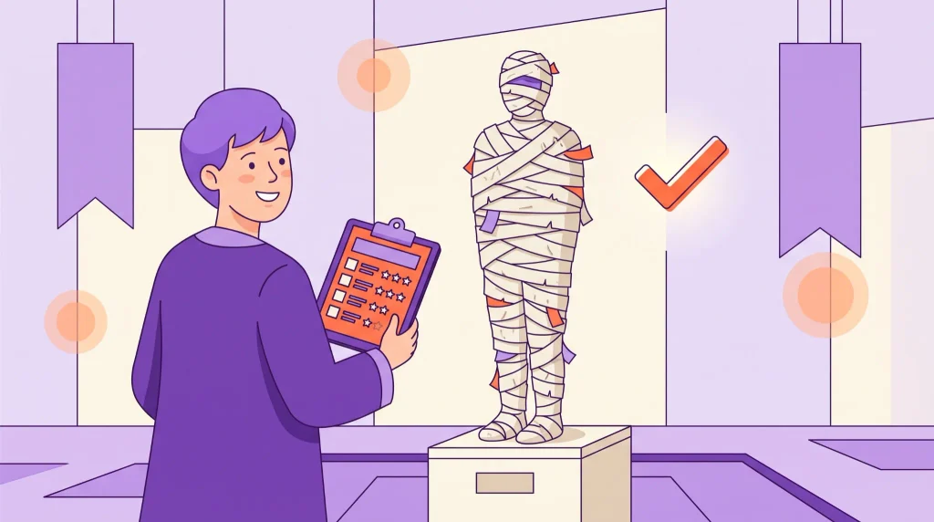 Judge scoring a completed mummy wrap using a Halloween game checklist
