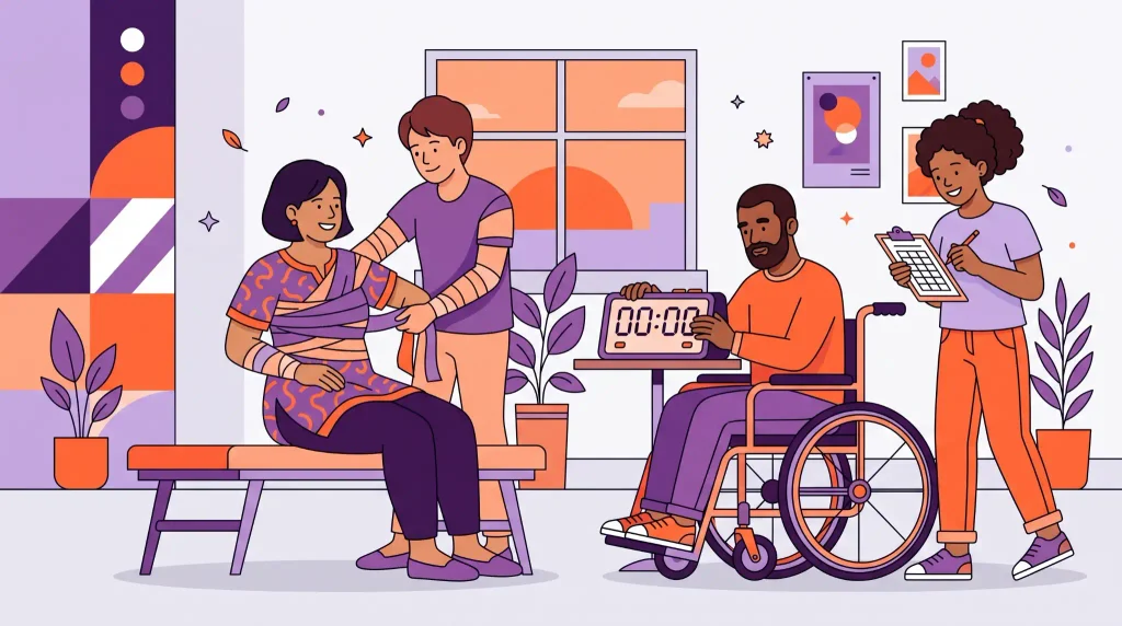 Accessible mummy wrap game with a seated player, wheelchair user managing the timer and a scorekeeper