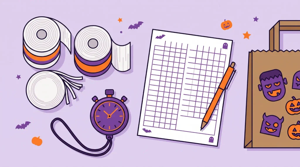 Mummy wrap game supplies with toilet paper rolls, stopwatch, score sheet, pen and supply box
