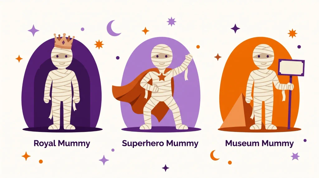 Royal, superhero and museum mummy ideas for Halloween mummy wrap game variations