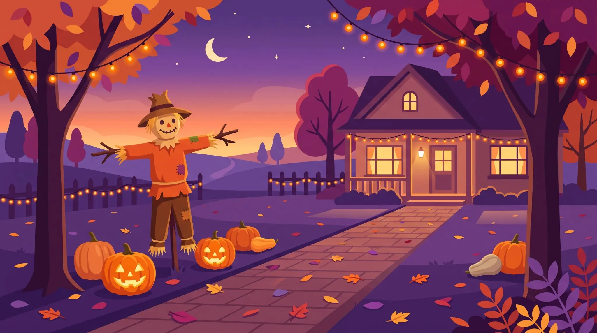 Outdoor Halloween scavenger hunt with pumpkins, scarecrow, pathway and decorated house