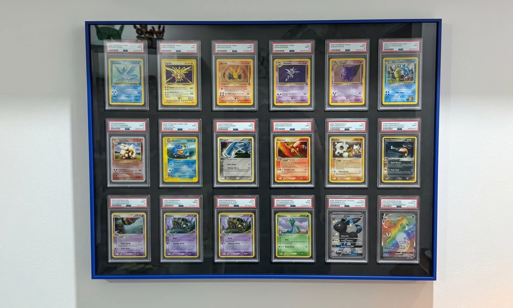 18 trading cards safely displayed in a blue wall-mounted grid frame