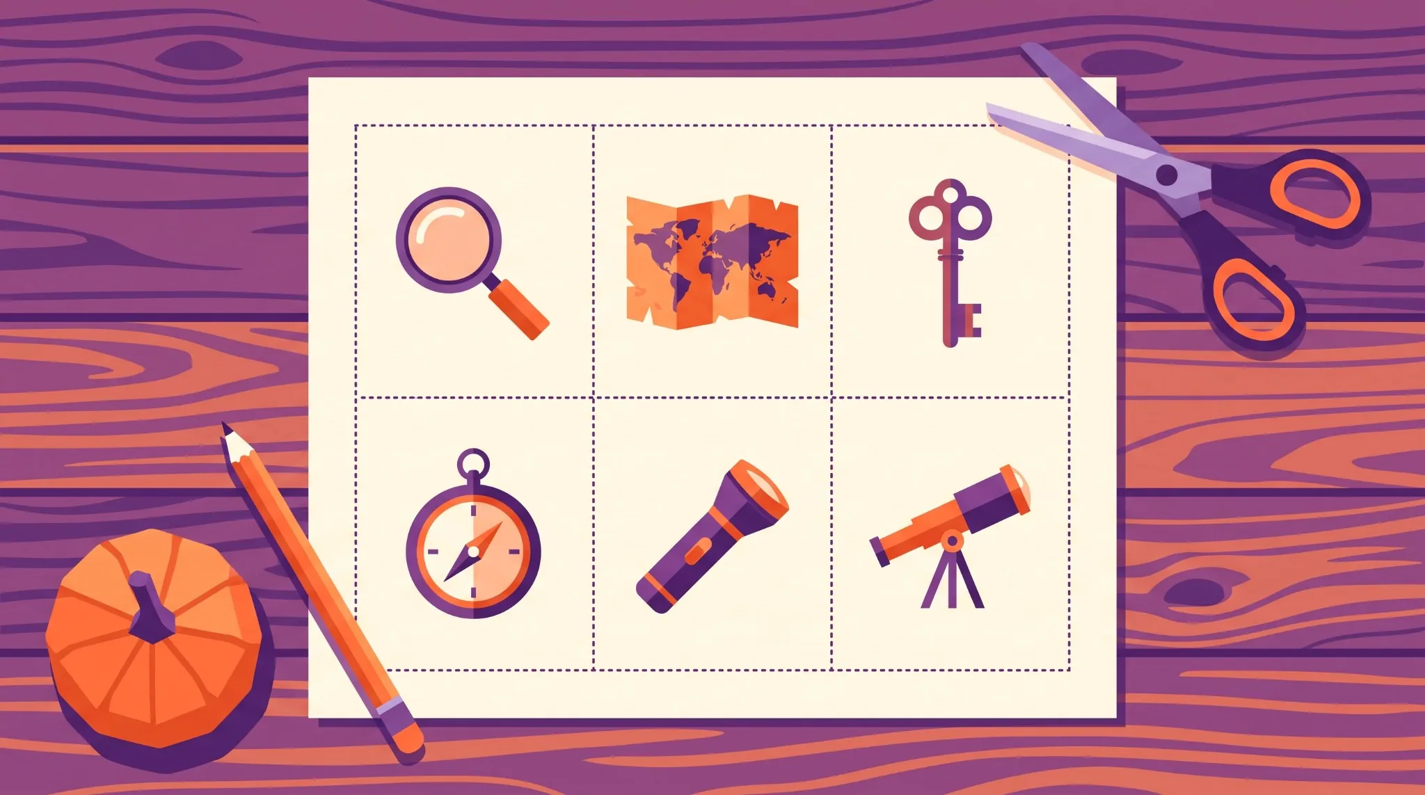 Printable Halloween scavenger hunt cards with map, key, compass, flashlight and search icons