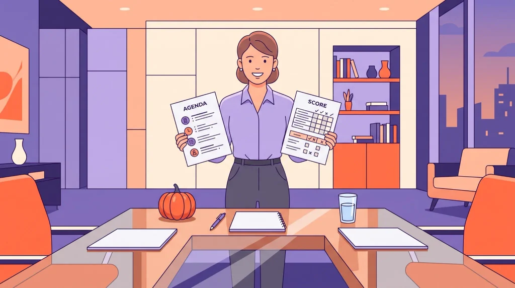 Facilitator holding a Halloween team-building agenda and score sheet for an office event
