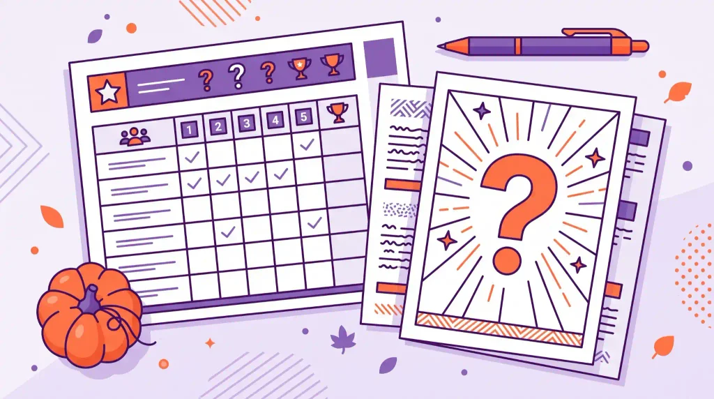 Printable Halloween trivia score sheet and question card with pen and pumpkin
