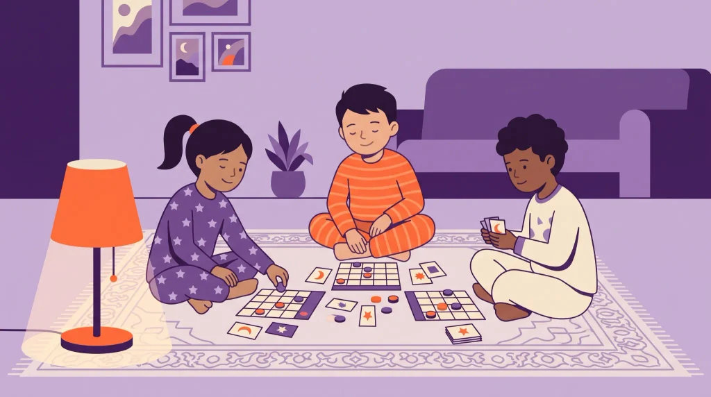 Three kids in pajamas playing quiet Halloween card and board games before bed