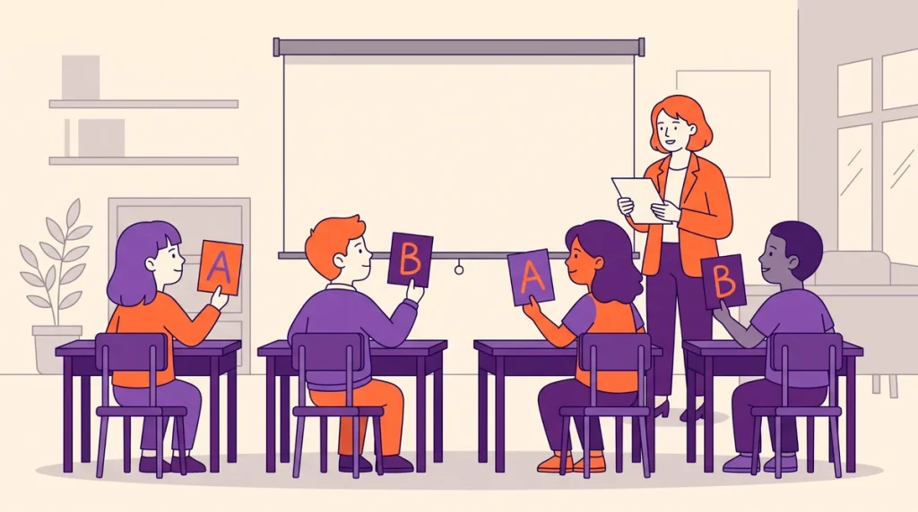 Students holding A and B response cards during a quiet classroom Halloween game