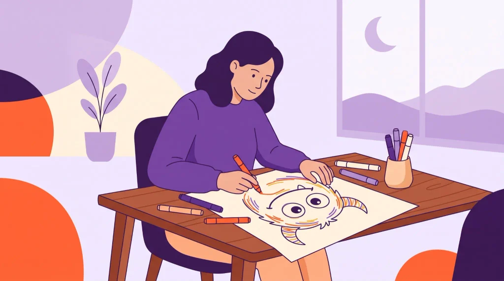 Seated player drawing a monster during a quiet Halloween game