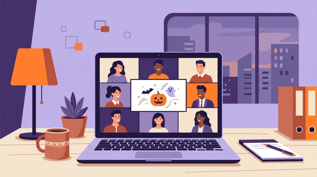 Remote coworkers joining a Halloween team-building activity through a laptop video call