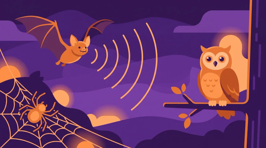 Bat using echolocation near an owl and spider for spooky creatures science trivia