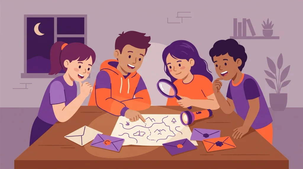 Tweens solving a Halloween mystery with a map, clues, envelopes and flashlight