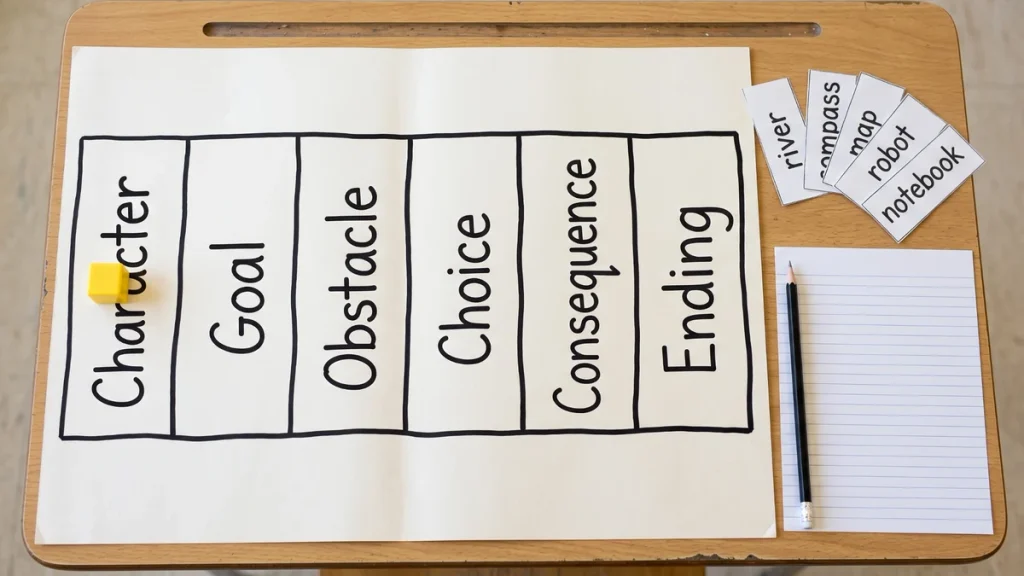 Story Stops writing game with Character, Goal, Obstacle, Choice, Consequence and Ending spaces