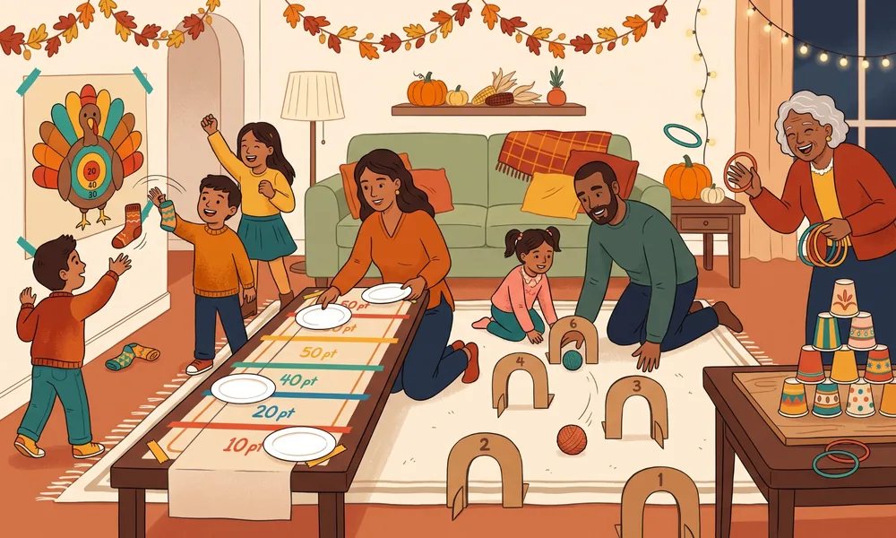 Family playing Thanksgiving aim and land games with soft targets, rings and paper plates