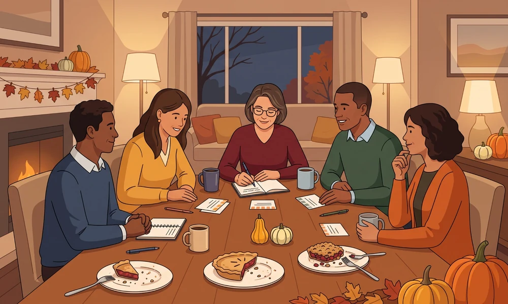 Small group playing quiet Thanksgiving games together late in the evening