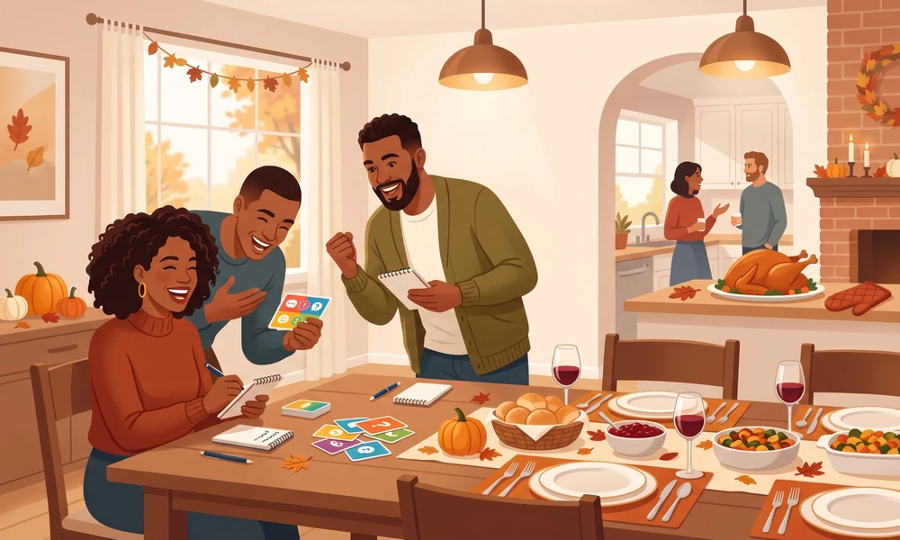 Adults playing a quick Thanksgiving game while dinner is being prepared