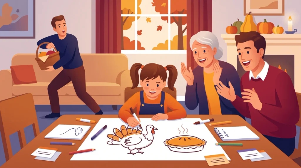 Child drawing a turkey and pie during a Thanksgiving drawing and guessing game