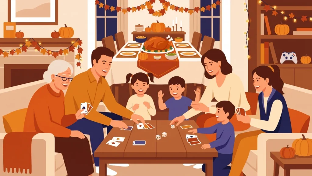Family playing Thanksgiving games together around a table after dinner